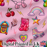 Gummy Bear Cherry Rainbow Roller Skate Light Pink Background Seamless Digital Print Fabric by the Metre UK Sewing Quilting Textile