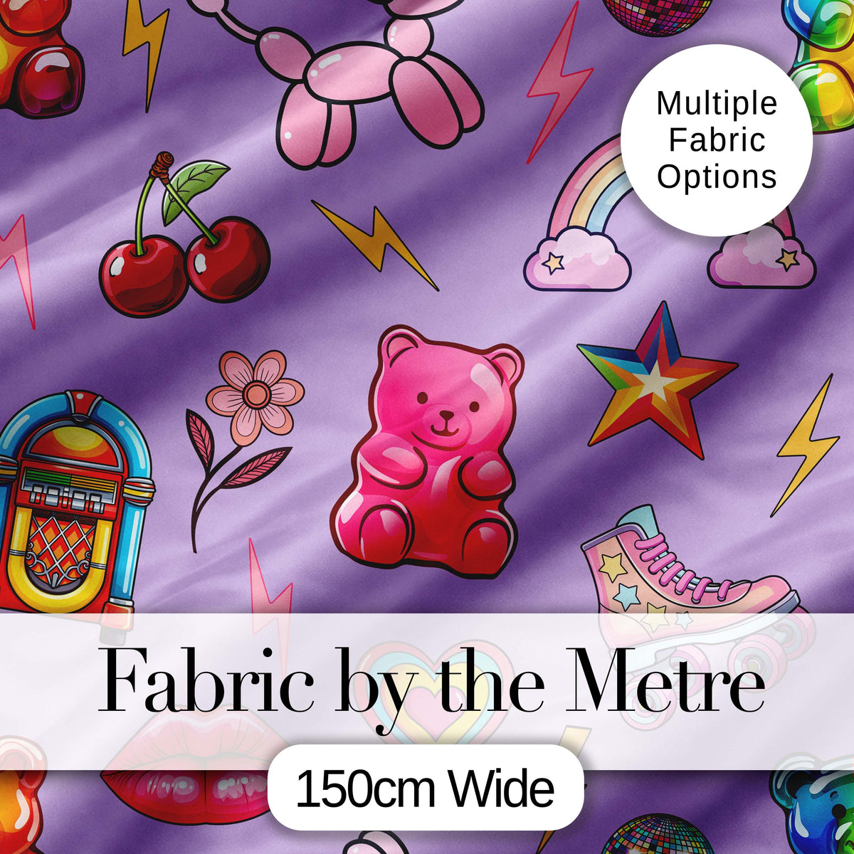 Cute Kawaii Gummy Bear Cherry Rainbow Roller Skate Purple Background Seamless Digital Print Fabric by the Metre UK Sewing Quilting Textile