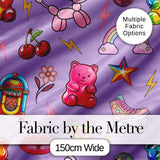 Cute Kawaii Gummy Bear Cherry Rainbow Roller Skate Purple Background Seamless Digital Print Fabric by the Metre UK Sewing Quilting Textile