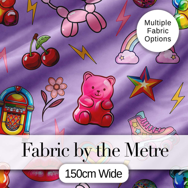 Cute Kawaii Gummy Bear Cherry Rainbow Roller Skate Purple Background Seamless Digital Print Fabric by the Metre UK Sewing Quilting Textile