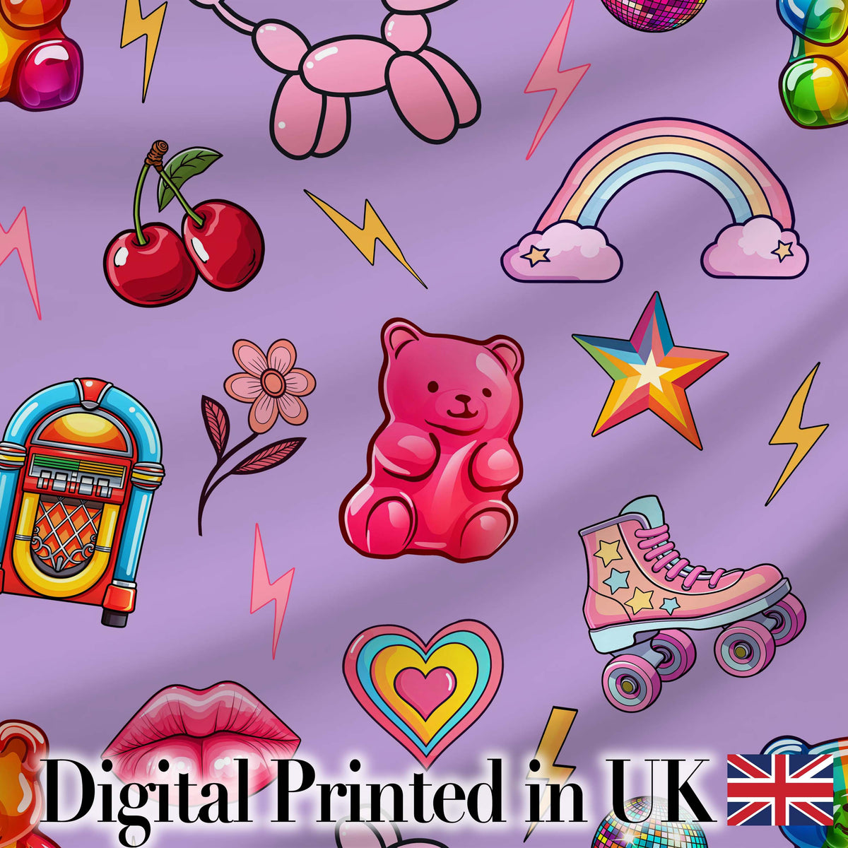 Cute Kawaii Gummy Bear Cherry Rainbow Roller Skate Purple Background Seamless Digital Print Fabric by the Metre UK Sewing Quilting Textile