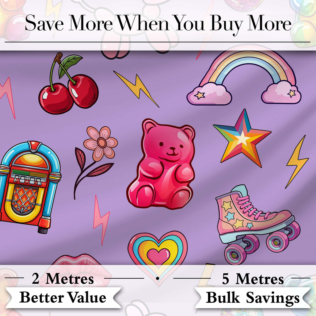 Cute Kawaii Gummy Bear Cherry Rainbow Roller Skate Purple Background Seamless Digital Print Fabric by the Metre UK Sewing Quilting Textile