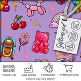 Cute Kawaii Gummy Bear Cherry Rainbow Roller Skate Purple Background Seamless Digital Print Fabric by the Metre UK Sewing Quilting Textile