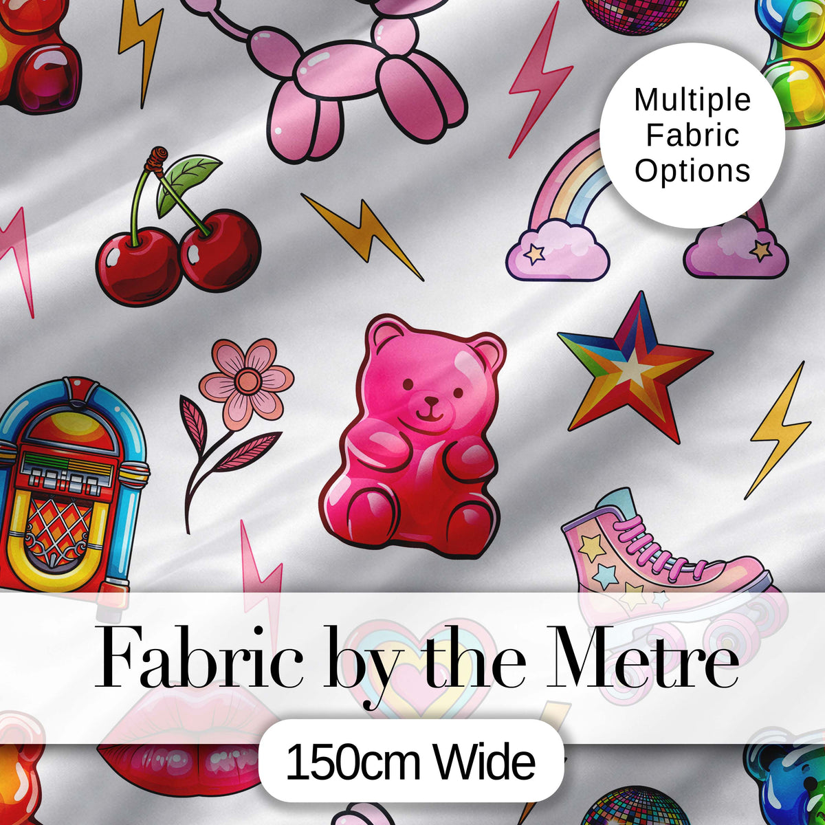 Cute Kawaii Gummy Bear Cherry Rainbow Roller Skate Grey Background Seamless Digital Print Fabric by the Metre UK Sewing Quilting Textile