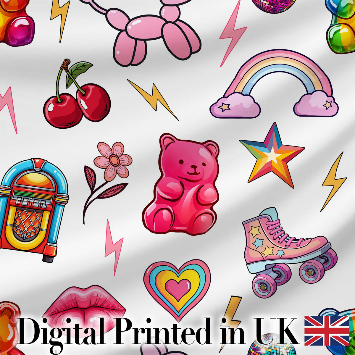 Cute Kawaii Gummy Bear Cherry Rainbow Roller Skate Grey Background Seamless Digital Print Fabric by the Metre UK Sewing Quilting Textile
