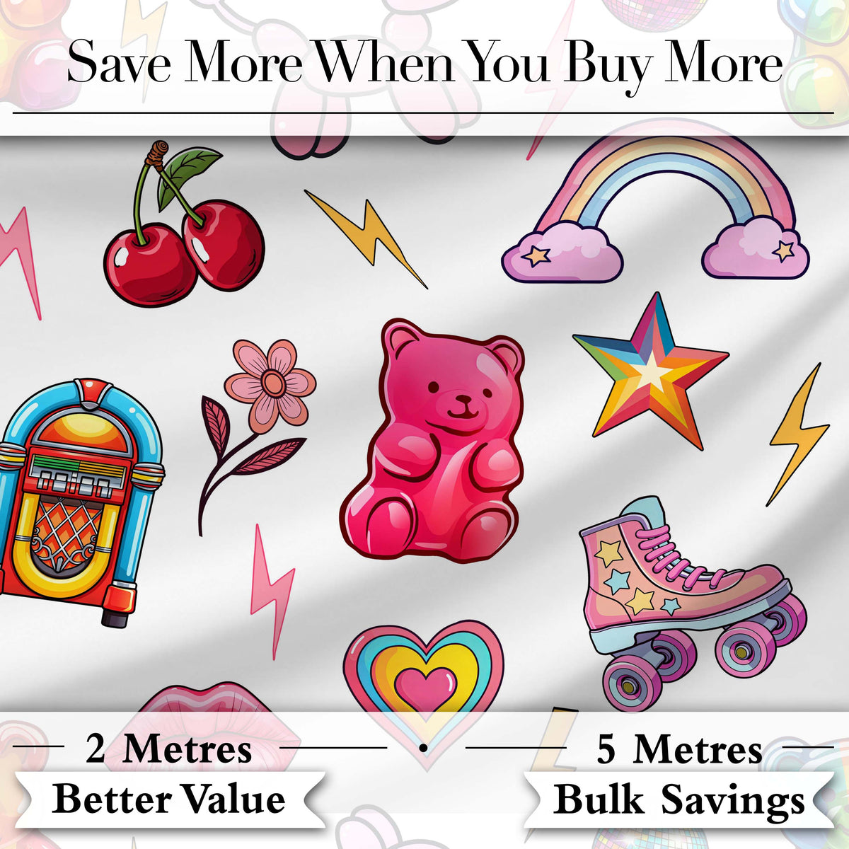 Cute Kawaii Gummy Bear Cherry Rainbow Roller Skate Grey Background Seamless Digital Print Fabric by the Metre UK Sewing Quilting Textile