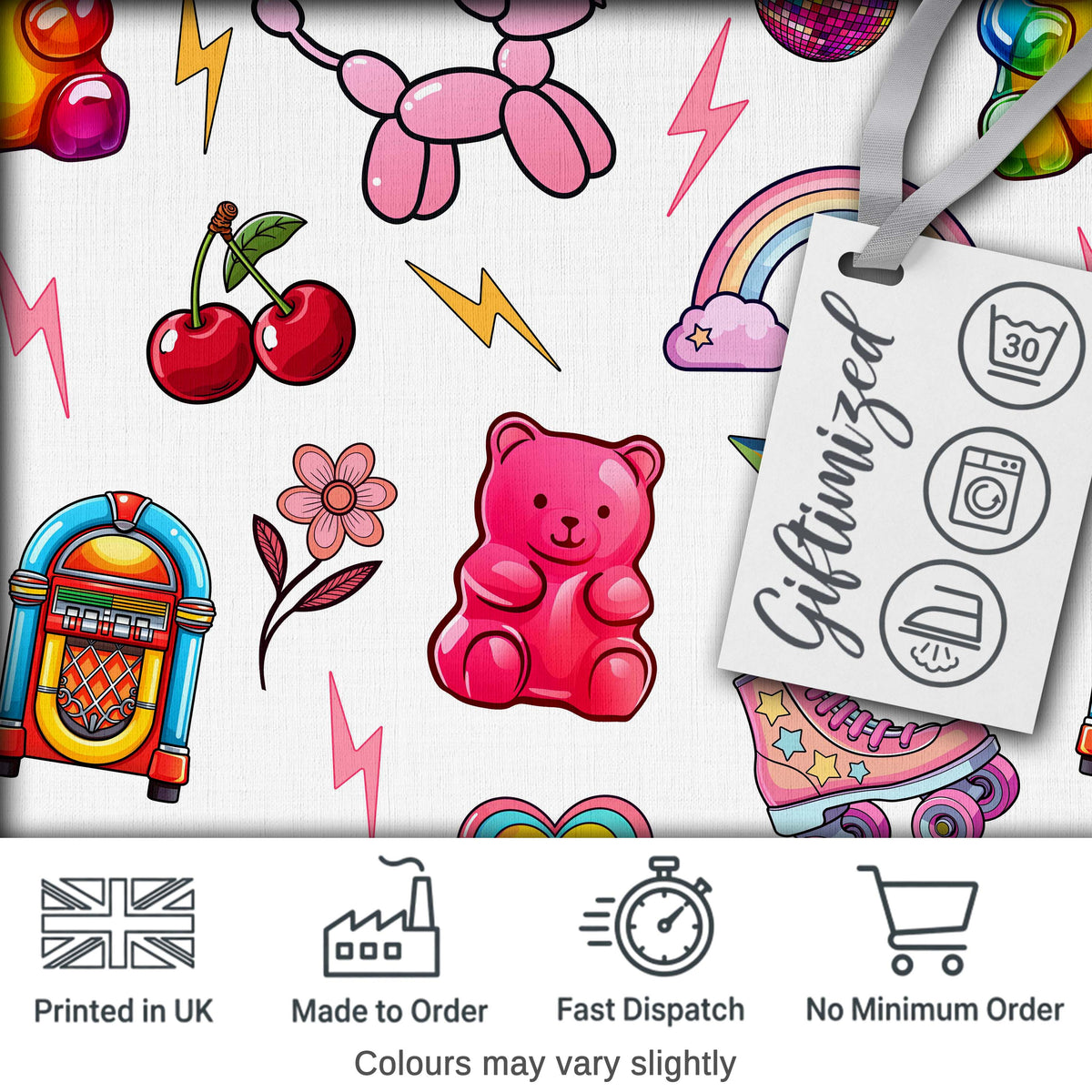 Cute Kawaii Gummy Bear Cherry Rainbow Roller Skate Grey Background Seamless Digital Print Fabric by the Metre UK Sewing Quilting Textile