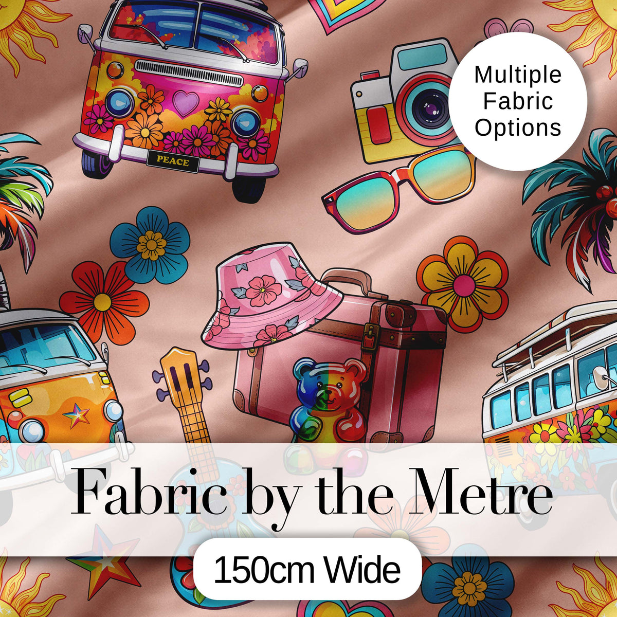 Hippie Vans Camera Guitar Floral Peach Background Seamless Digital Print Fabric by the Metre UK Sewing Quilting Textile