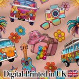 Hippie Vans Camera Guitar Floral Peach Background Seamless Digital Print Fabric by the Metre UK Sewing Quilting Textile