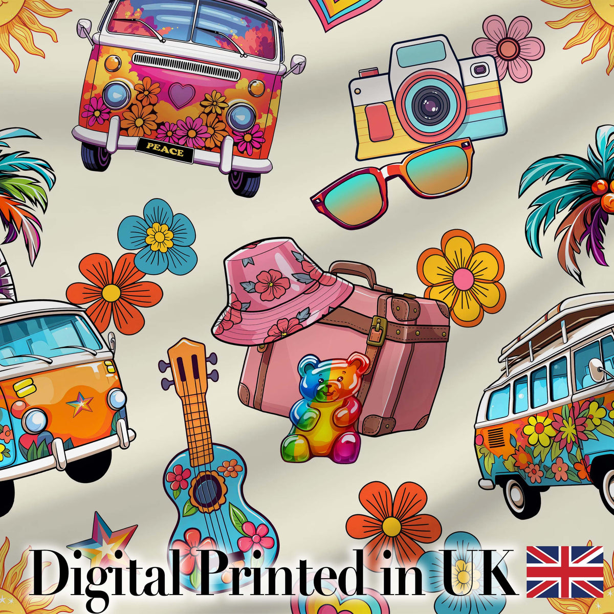 Hippie Van Camera Guitar Floral Travel Beige Background Seamless Digital Print Fabric by the Metre UK Sewing Quilting Textile