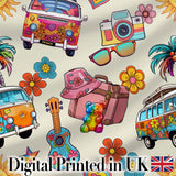 Hippie Van Camera Guitar Floral Travel Beige Background Seamless Digital Print Fabric by the Metre UK Sewing Quilting Textile