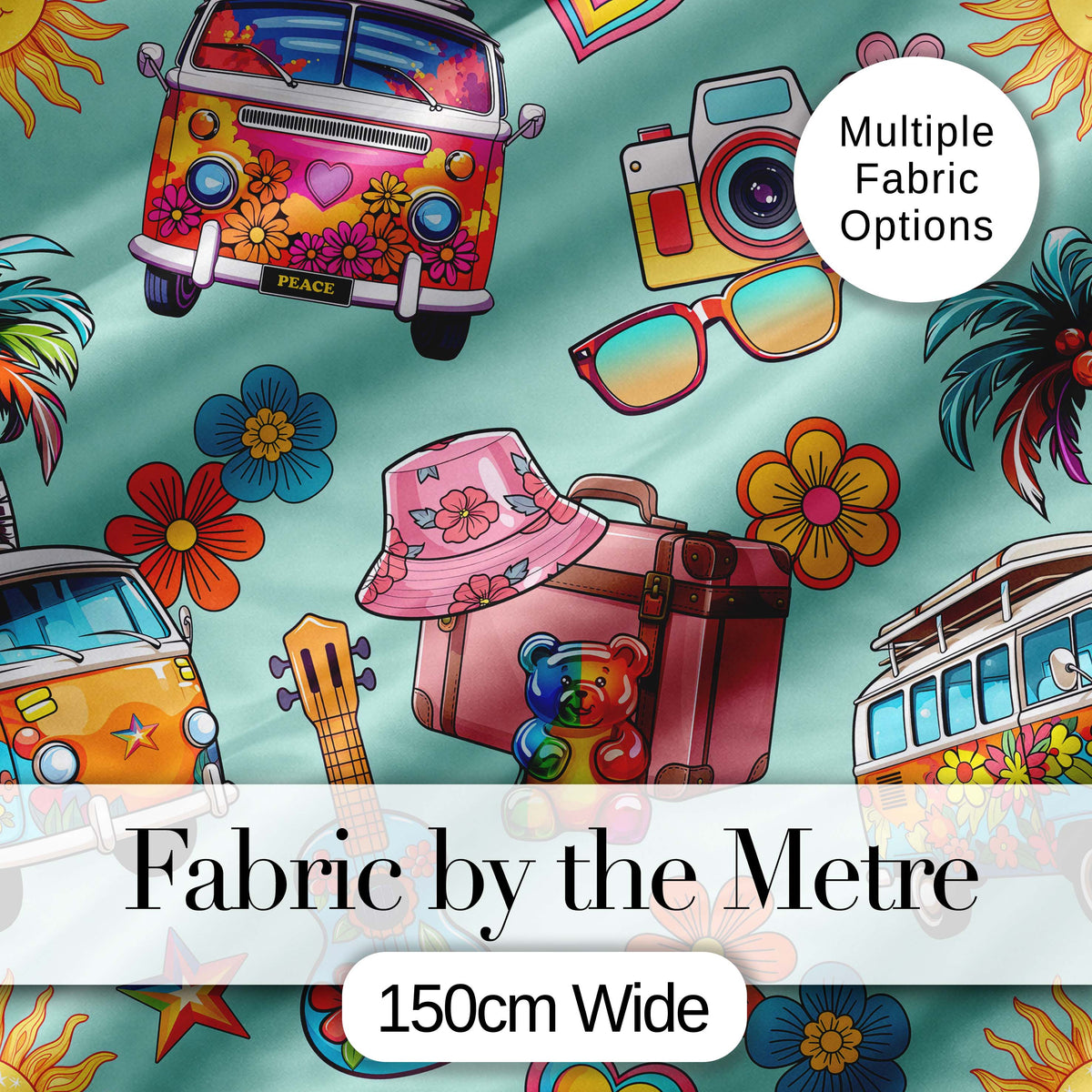 Hippie Van Camera Guitar Floral Travel Mint Background Seamless Digital Print Fabric by the Metre UK Sewing Quilting Textile