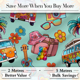 Hippie Van Camera Guitar Floral Travel Mint Background Seamless Digital Print Fabric by the Metre UK Sewing Quilting Textile