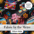 Hippie Van Camera Guitar Floral Travel Black Background Seamless Digital Print Fabric by the Metre UK Sewing Quilting Textile