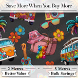 Hippie Van Camera Guitar Floral Travel Black Background Seamless Digital Print Fabric by the Metre UK Sewing Quilting Textile