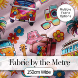 Hippie Van Camera Guitar Floral Travel Light Pink Background Seamless Digital Print Fabric by the Metre UK Sewing Quilting Textile