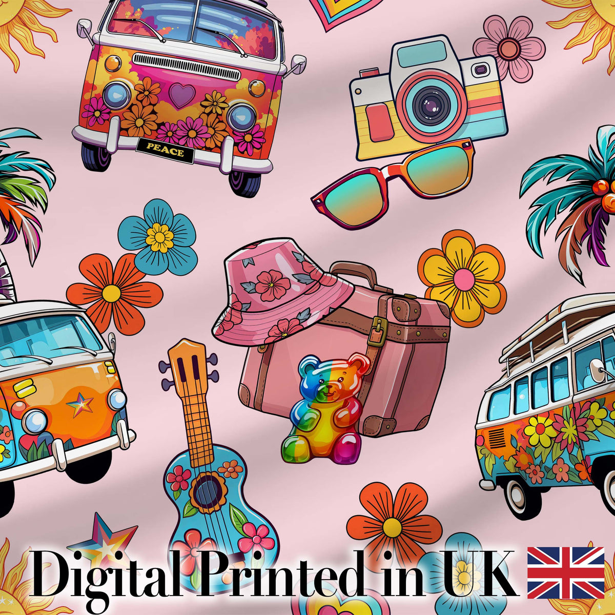Hippie Van Camera Guitar Floral Travel Light Pink Background Seamless Digital Print Fabric by the Metre UK Sewing Quilting Textile