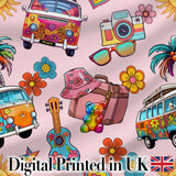 Hippie Van Camera Guitar Floral Travel Light Pink Background Seamless Digital Print Fabric by the Metre UK Sewing Quilting Textile