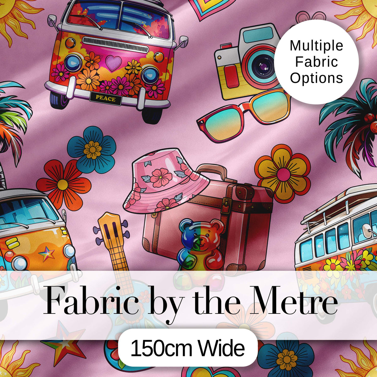 Hippie Van Camera Guitar Floral Travel Soft Pink Background Seamless Digital Print Fabric by the Metre UK Sewing Quilting Textile