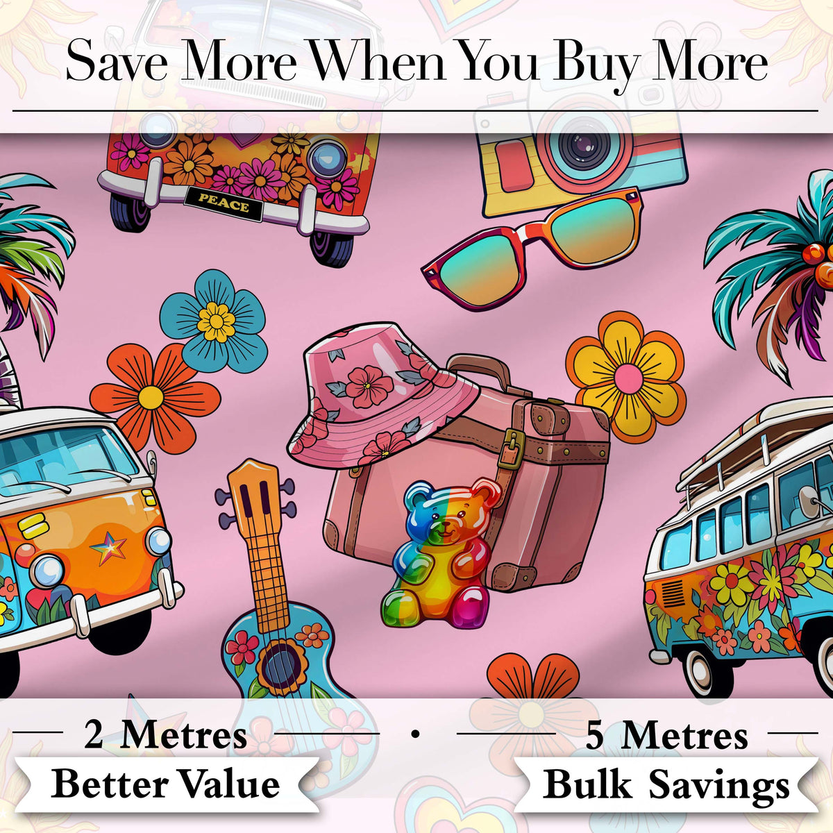 Hippie Van Camera Guitar Floral Travel Soft Pink Background Seamless Digital Print Fabric by the Metre UK Sewing Quilting Textile