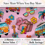 Hippie Van Camera Guitar Floral Travel Soft Pink Background Seamless Digital Print Fabric by the Metre UK Sewing Quilting Textile