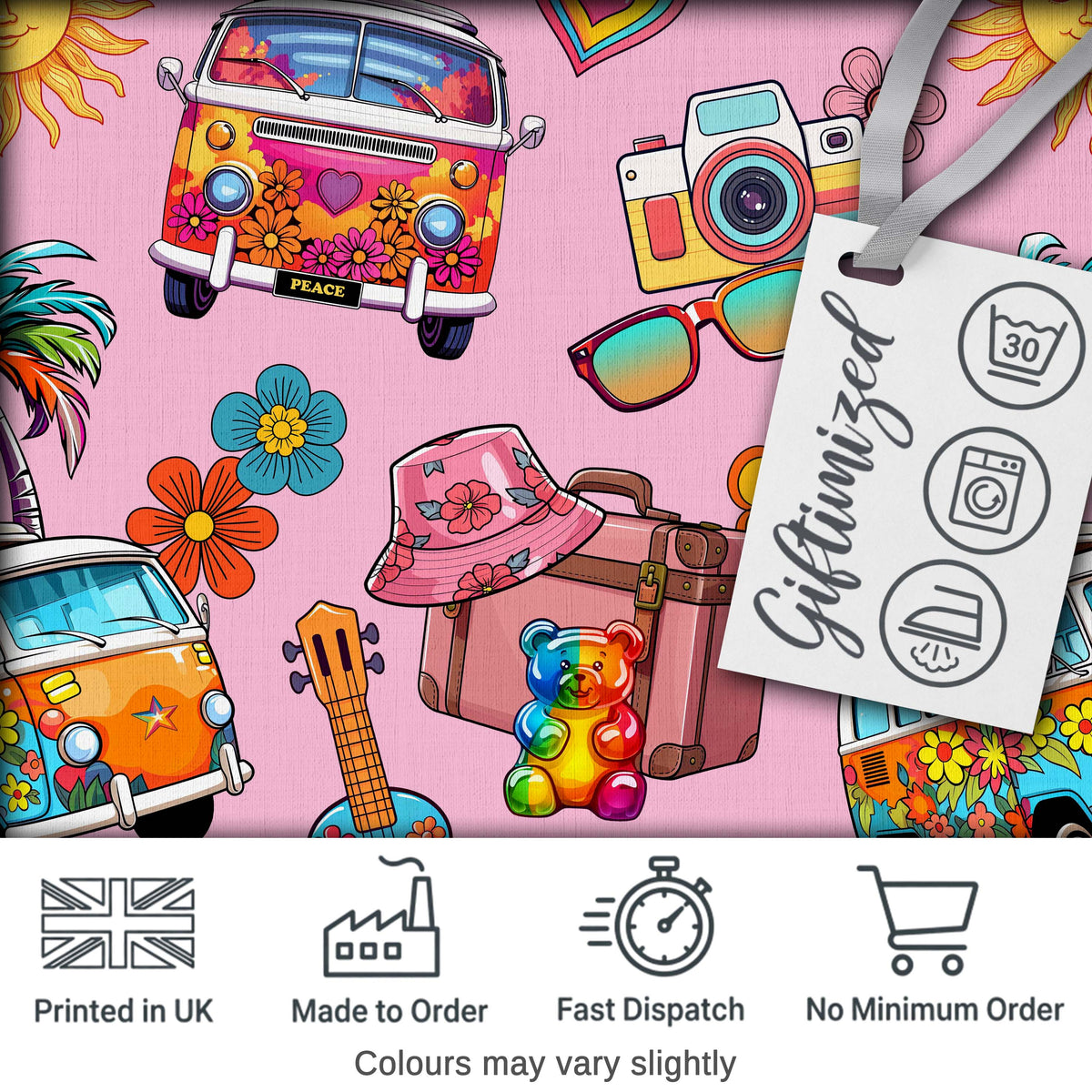 Hippie Van Camera Guitar Floral Travel Soft Pink Background Seamless Digital Print Fabric by the Metre UK Sewing Quilting Textile