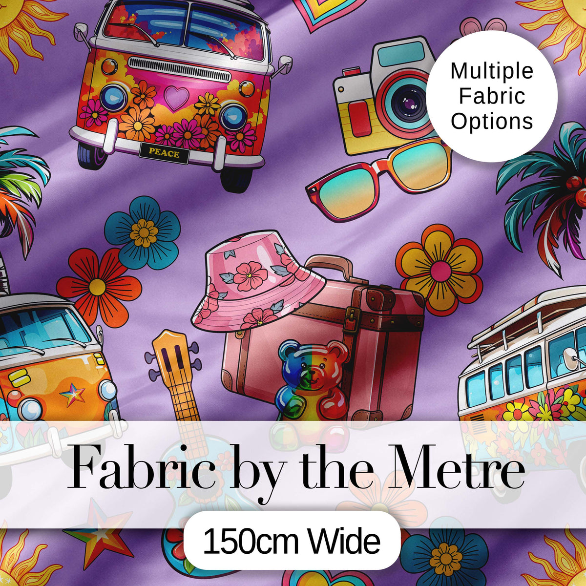 Hippie Van Camera Guitar Floral Travel Lavender Background Seamless Digital Print Fabric by the Metre UK Sewing Quilting Textile