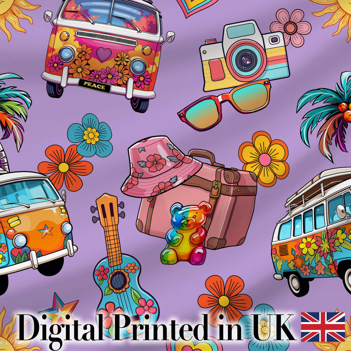 Hippie Van Camera Guitar Floral Travel Lavender Background Seamless Digital Print Fabric by the Metre UK Sewing Quilting Textile
