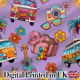 Hippie Van Camera Guitar Floral Travel Lavender Background Seamless Digital Print Fabric by the Metre UK Sewing Quilting Textile