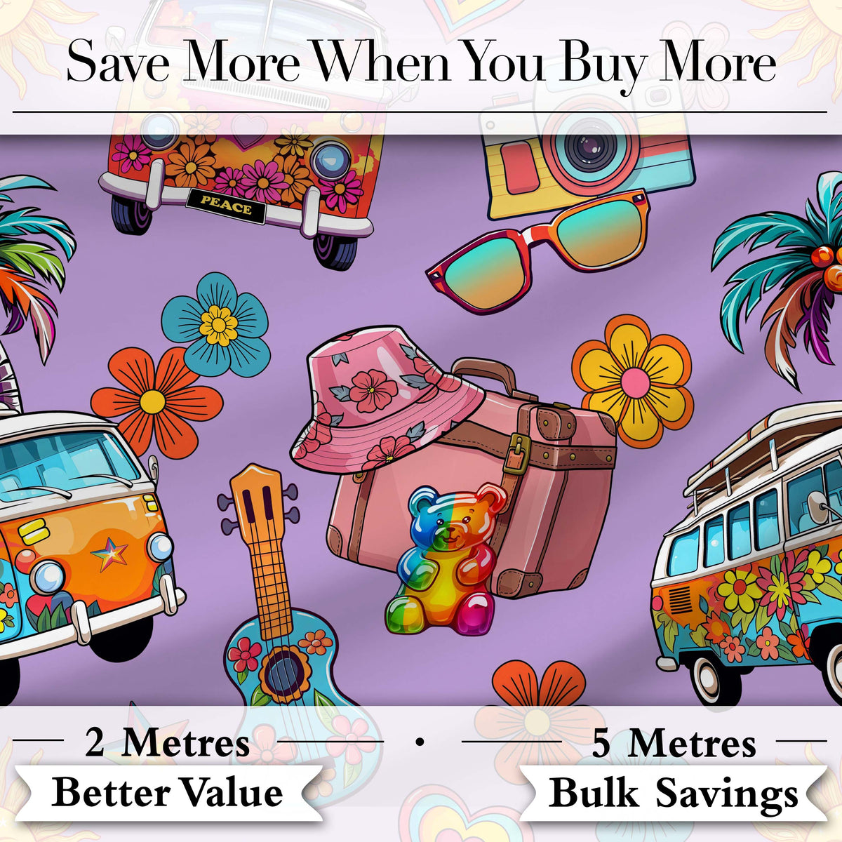 Hippie Van Camera Guitar Floral Travel Lavender Background Seamless Digital Print Fabric by the Metre UK Sewing Quilting Textile
