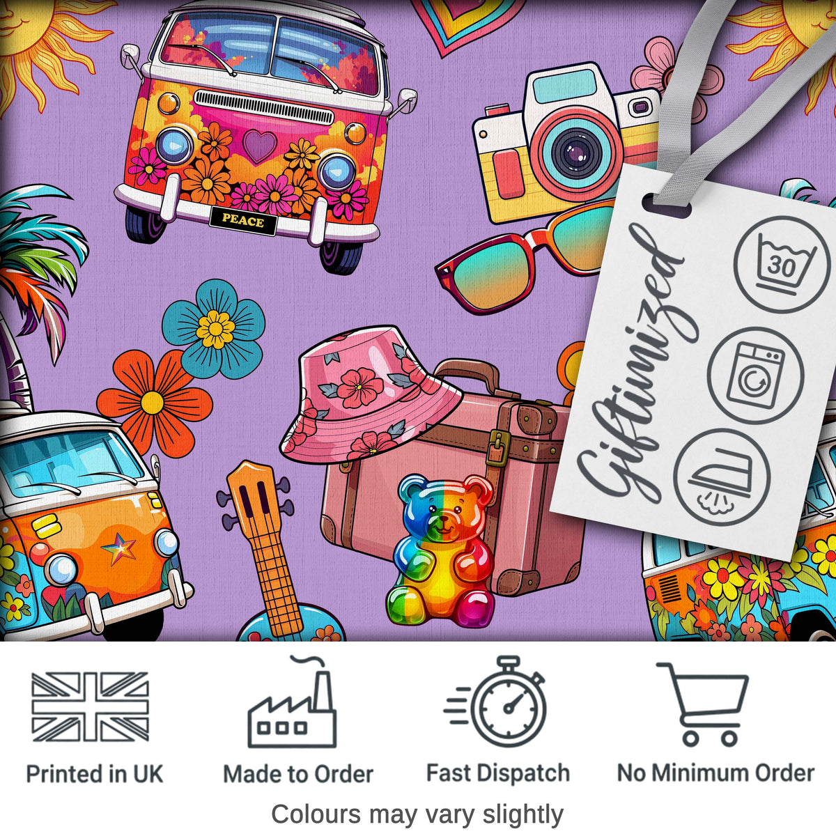 Hippie Van Camera Guitar Floral Travel Lavender Background Seamless Digital Print Fabric by the Metre UK Sewing Quilting Textile