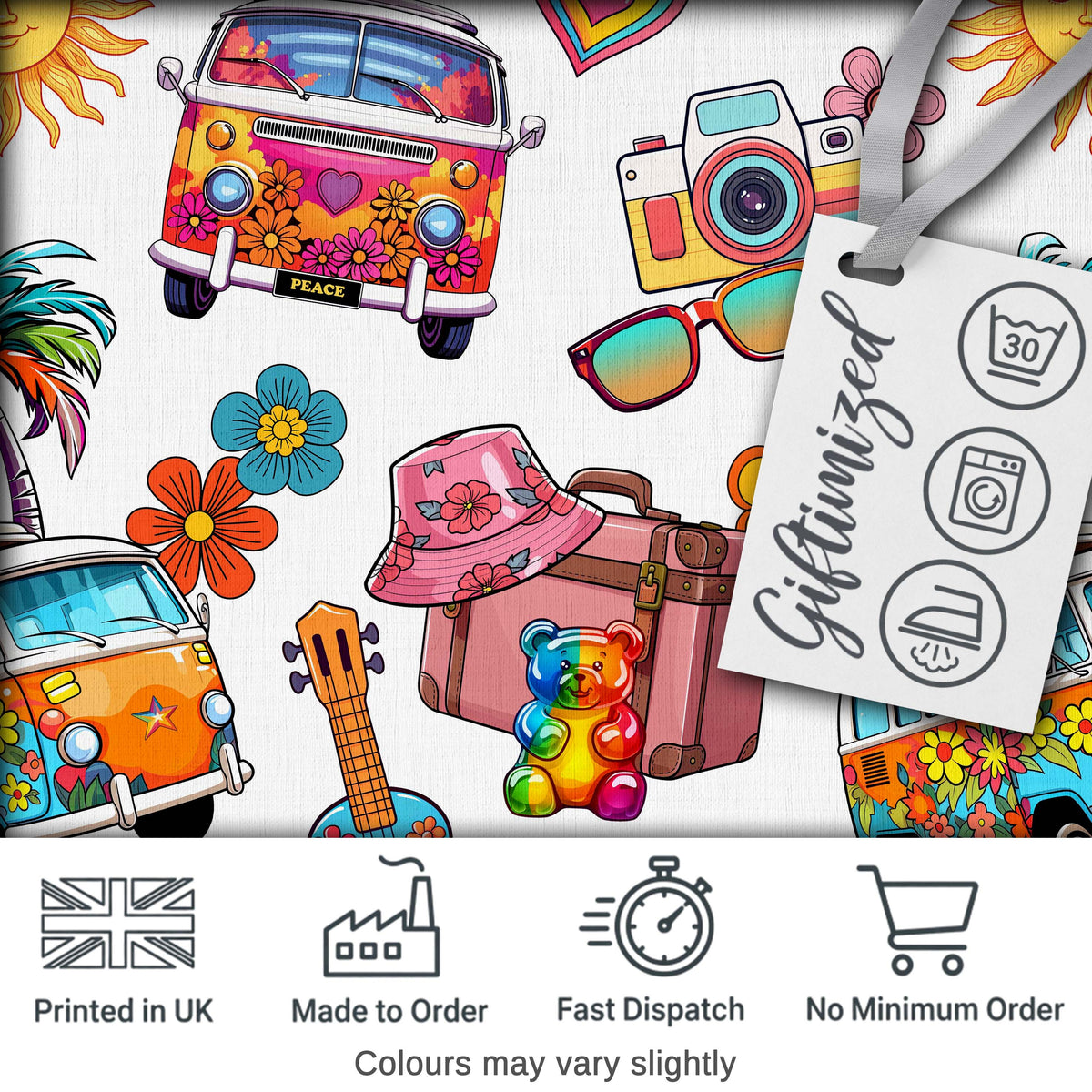 Hippie Van Camera Guitar Floral Travel White Background Seamless Digital Print Fabric by the Metre UK Sewing Quilting Textile
