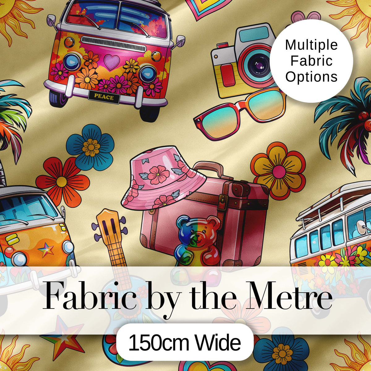 Hippie Van Camera Guitar Floral Travel Beige Background Seamless Digital Print Fabric by the Metre UK Sewing Quilting Textile