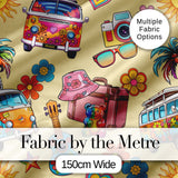Hippie Van Camera Guitar Floral Travel Beige Background Seamless Digital Print Fabric by the Metre UK Sewing Quilting Textile