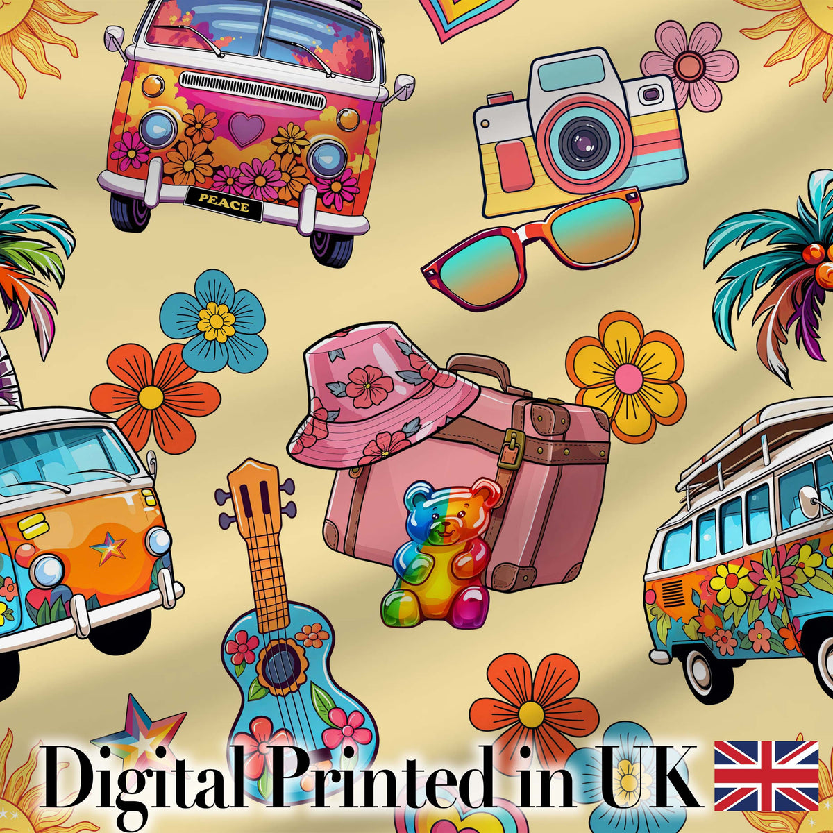 Hippie Van Camera Guitar Floral Travel Beige Background Seamless Digital Print Fabric by the Metre UK Sewing Quilting Textile