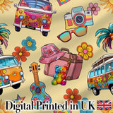 Hippie Van Camera Guitar Floral Travel Beige Background Seamless Digital Print Fabric by the Metre UK Sewing Quilting Textile