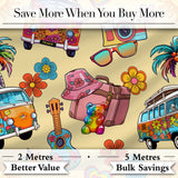Hippie Van Camera Guitar Floral Travel Beige Background Seamless Digital Print Fabric by the Metre UK Sewing Quilting Textile