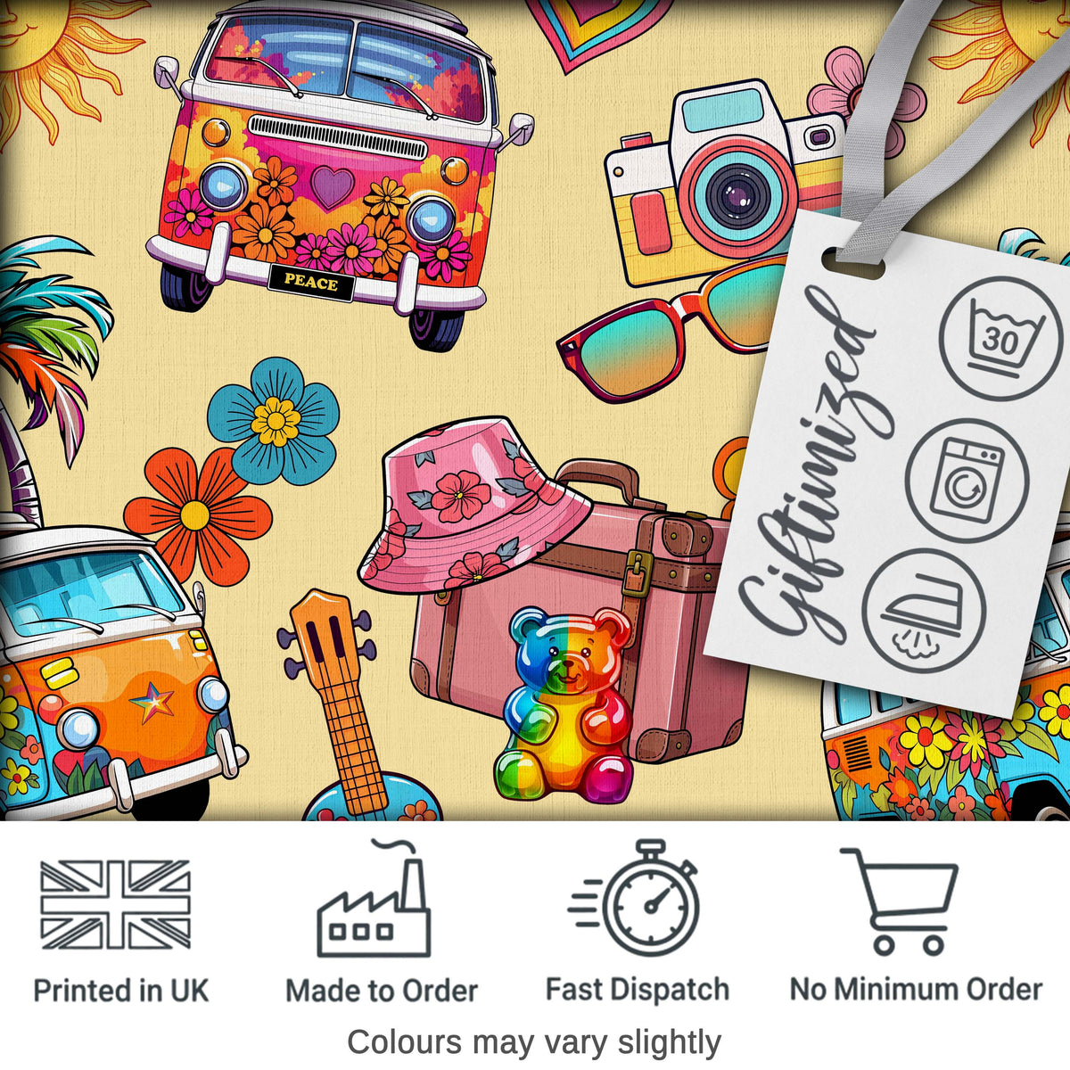 Hippie Van Camera Guitar Floral Travel Beige Background Seamless Digital Print Fabric by the Metre UK Sewing Quilting Textile