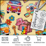 Hippie Van Camera Guitar Floral Travel Beige Background Seamless Digital Print Fabric by the Metre UK Sewing Quilting Textile