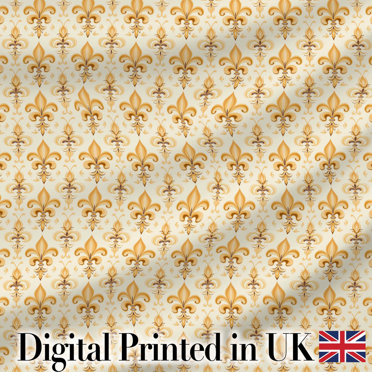 Vintage Fleur De Lis Damask Pattern Warm Gold Background Seamless Digital Print Fabric by the Metre UK Sewing Quilting Textile