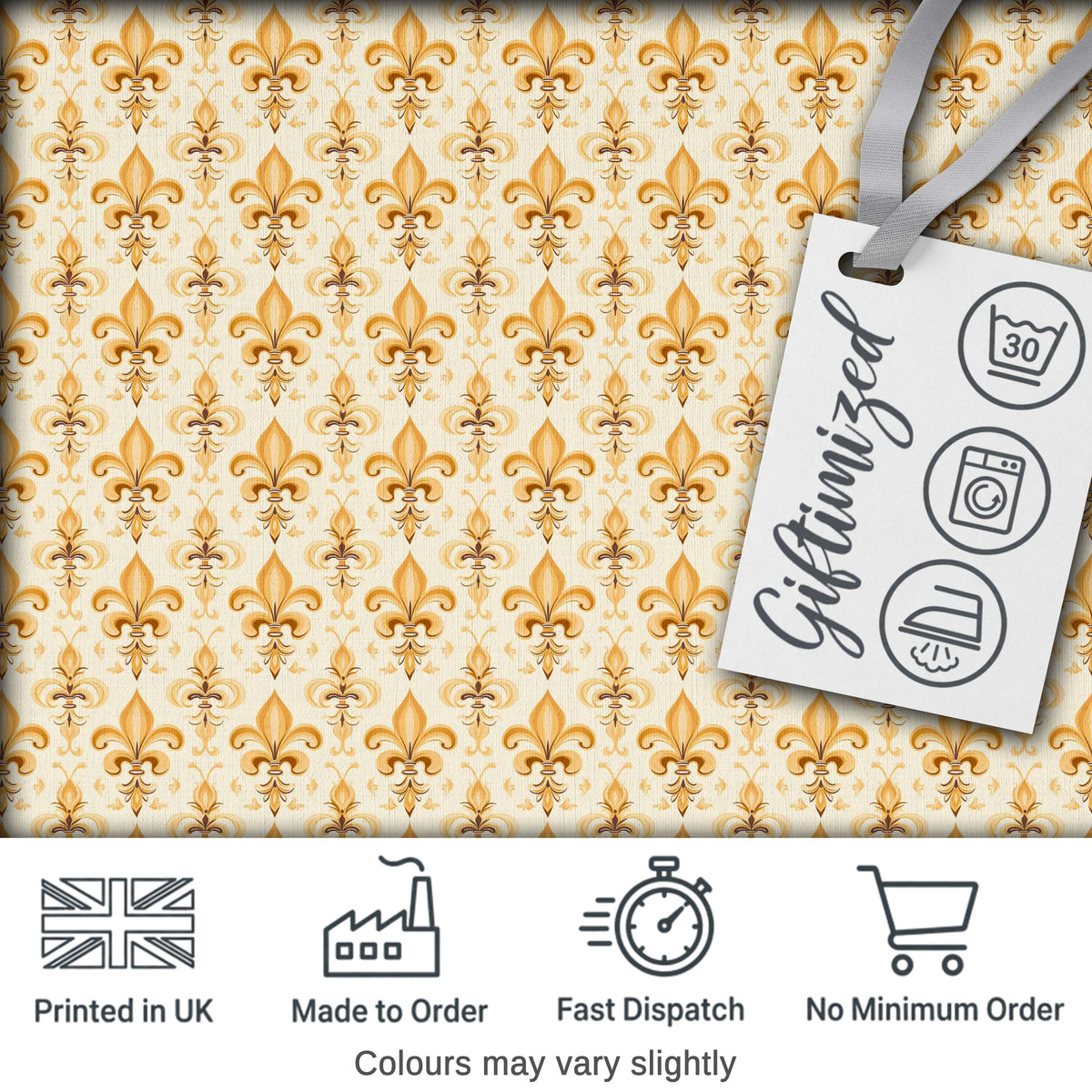 Vintage Fleur De Lis Damask Pattern Warm Gold Background Seamless Digital Print Fabric by the Metre UK Sewing Quilting Textile