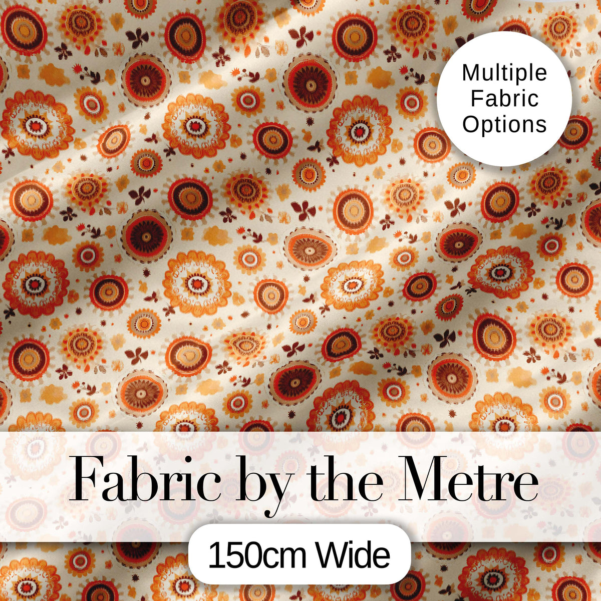 Orange Brown Circular Floral Motif Seamless Pattern Mid Century Style Digital Print Fabric by the Metre UK Sewing Quilting Textile
