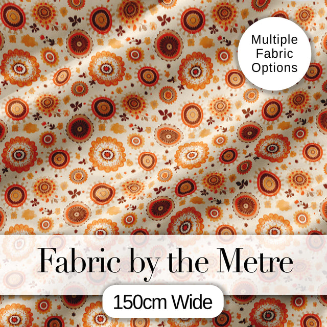 Orange Brown Circular Floral Motif Seamless Pattern Mid Century Style Digital Print Fabric by the Metre UK Sewing Quilting Textile