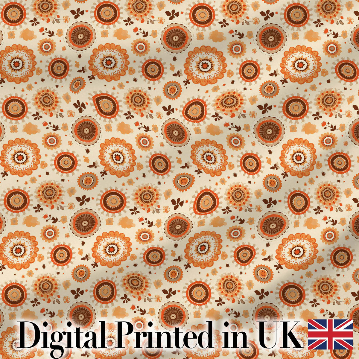 Orange Brown Circular Floral Motif Seamless Pattern Mid Century Style Digital Print Fabric by the Metre UK Sewing Quilting Textile