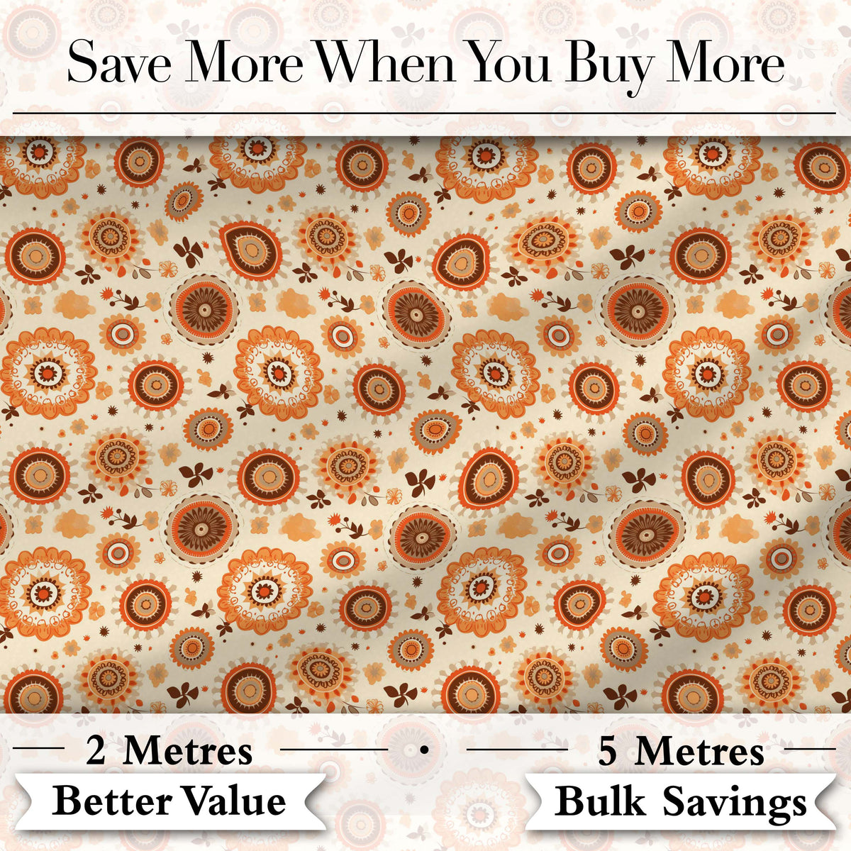 Orange Brown Circular Floral Motif Seamless Pattern Mid Century Style Digital Print Fabric by the Metre UK Sewing Quilting Textile