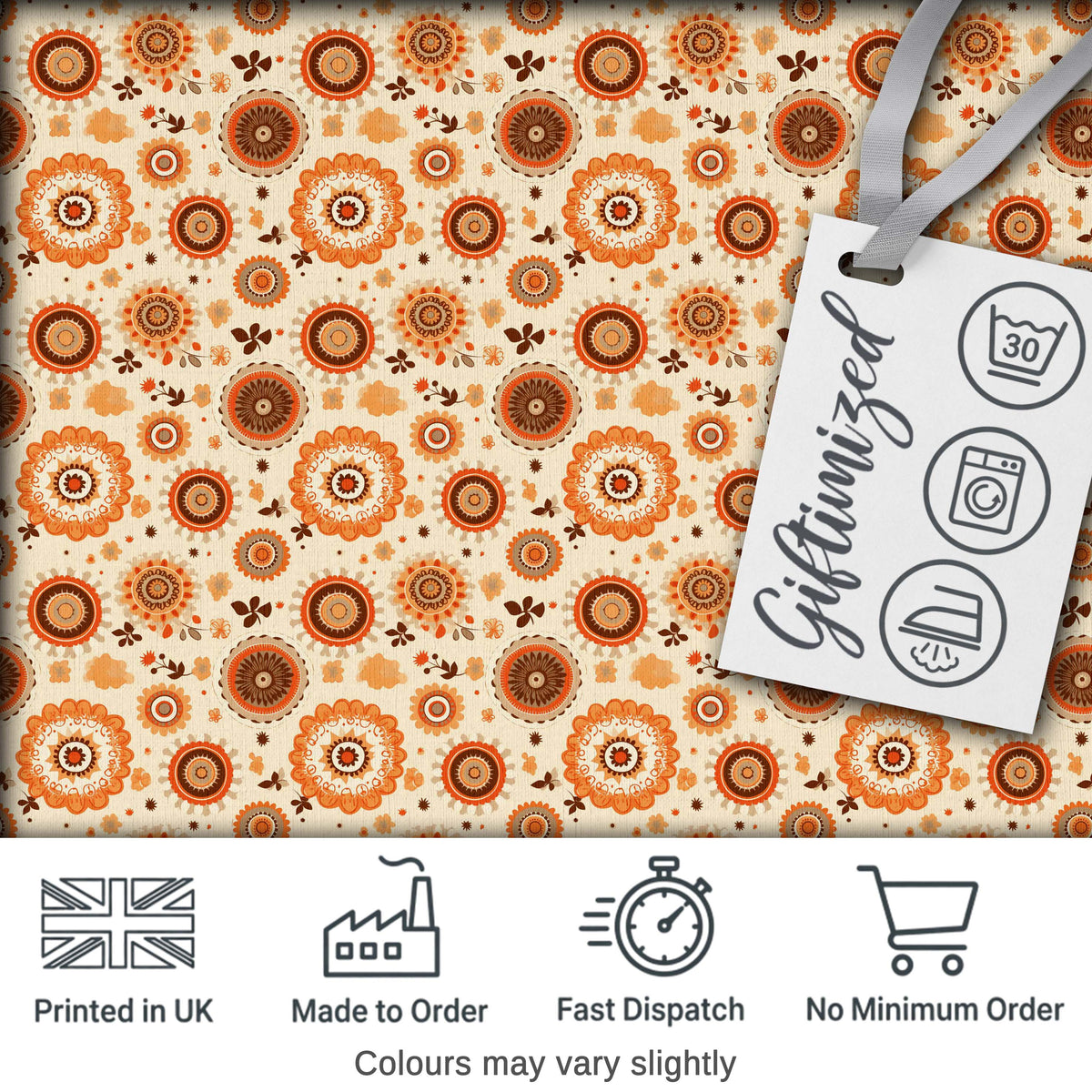 Orange Brown Circular Floral Motif Seamless Pattern Mid Century Style Digital Print Fabric by the Metre UK Sewing Quilting Textile