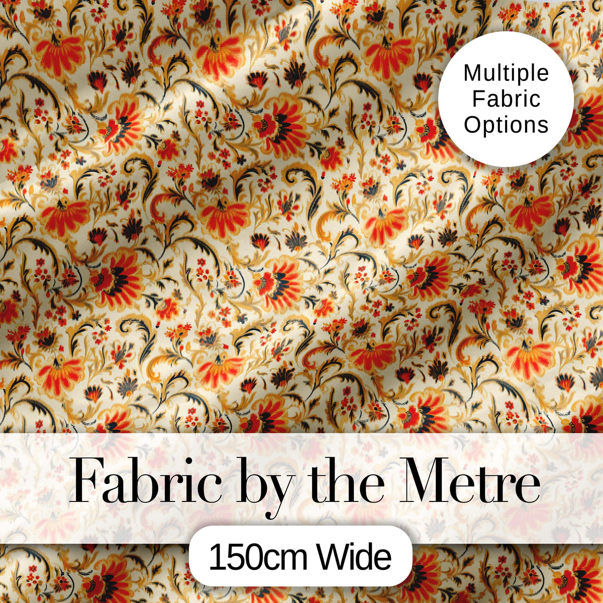 Bold Orange Navy Floral Vine Seamless Pattern Classic Decorative Style Digital Print Fabric by the Metre UK Sewing Quilting Textile