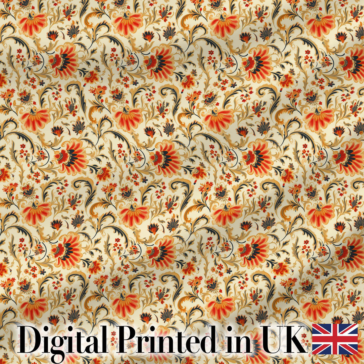 Bold Orange Navy Floral Vine Seamless Pattern Classic Decorative Style Digital Print Fabric by the Metre UK Sewing Quilting Textile