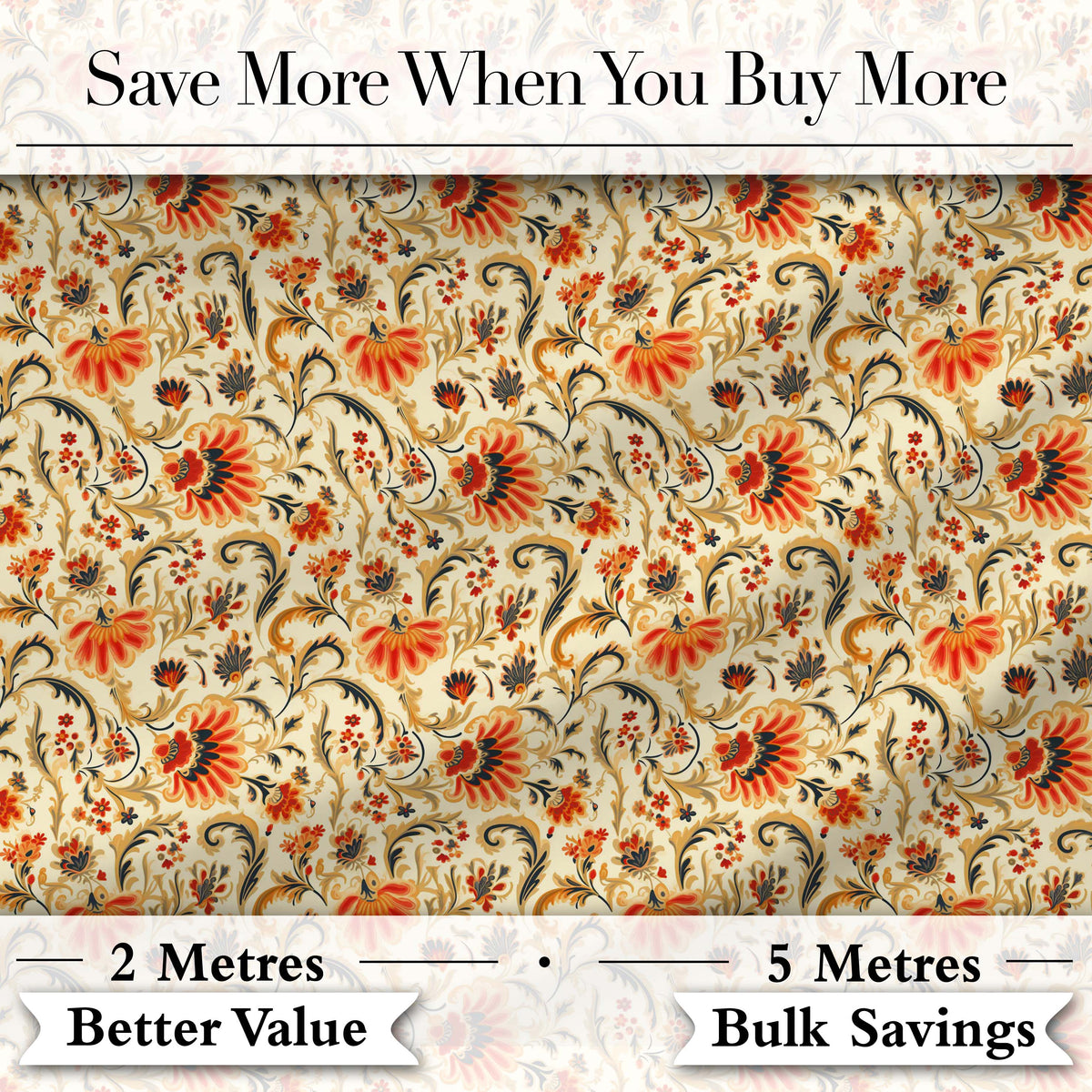Bold Orange Navy Floral Vine Seamless Pattern Classic Decorative Style Digital Print Fabric by the Metre UK Sewing Quilting Textile