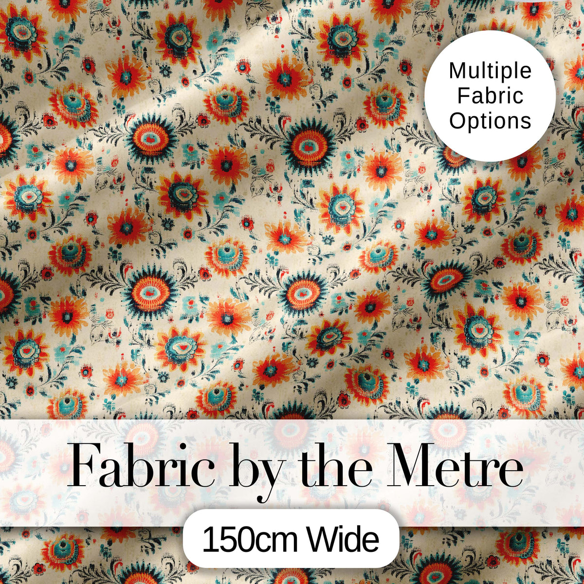 Playful Orange Blue Folk Floral Seamless Pattern Scandinavian Style Design Digital Print Fabric by the Metre UK Sewing Quilting Textile